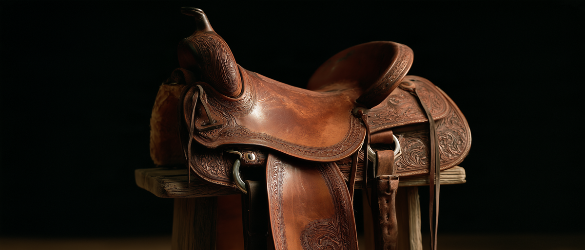Selle western en cuir repoussé sur un chevalet