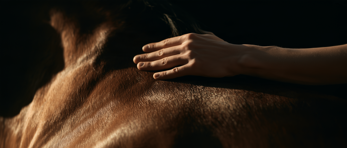 Main caressant l'encolure brillante d'un cheval