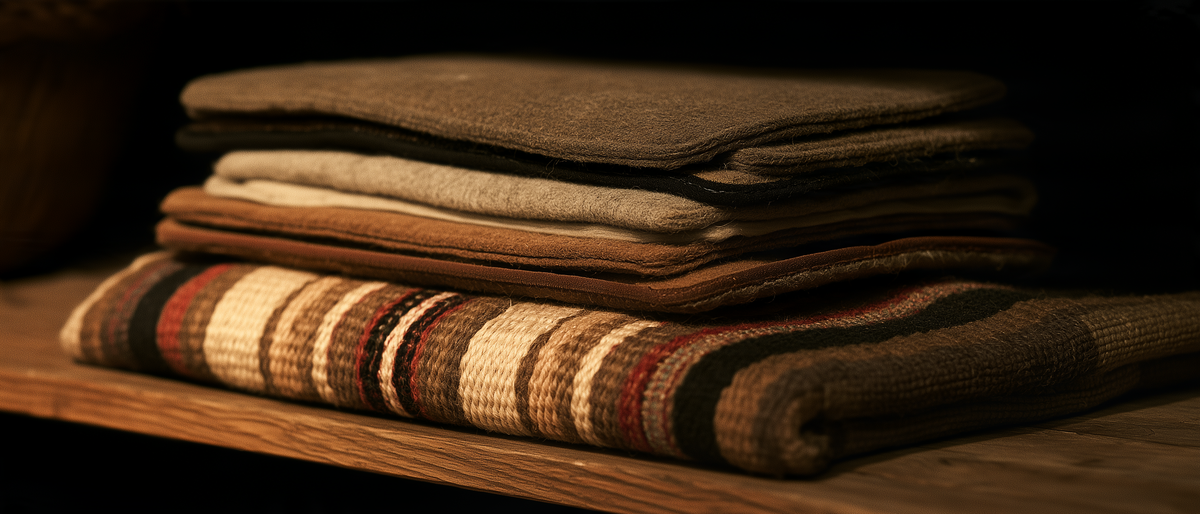 Tapis de selle western en feutre et couvertures tissées sur une étagère