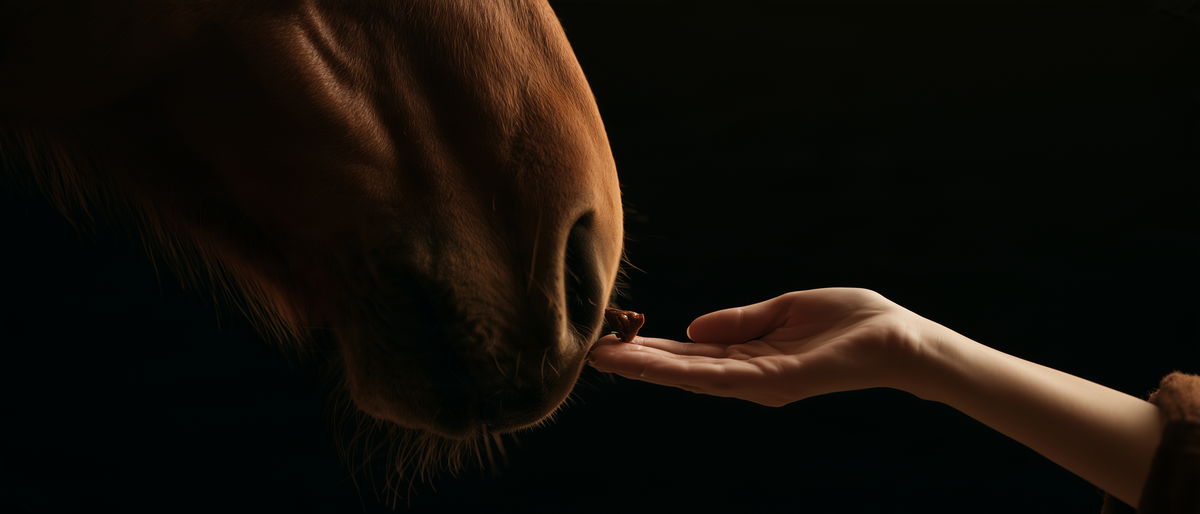 Main tendant une friandise au bout du nez d'un cheval