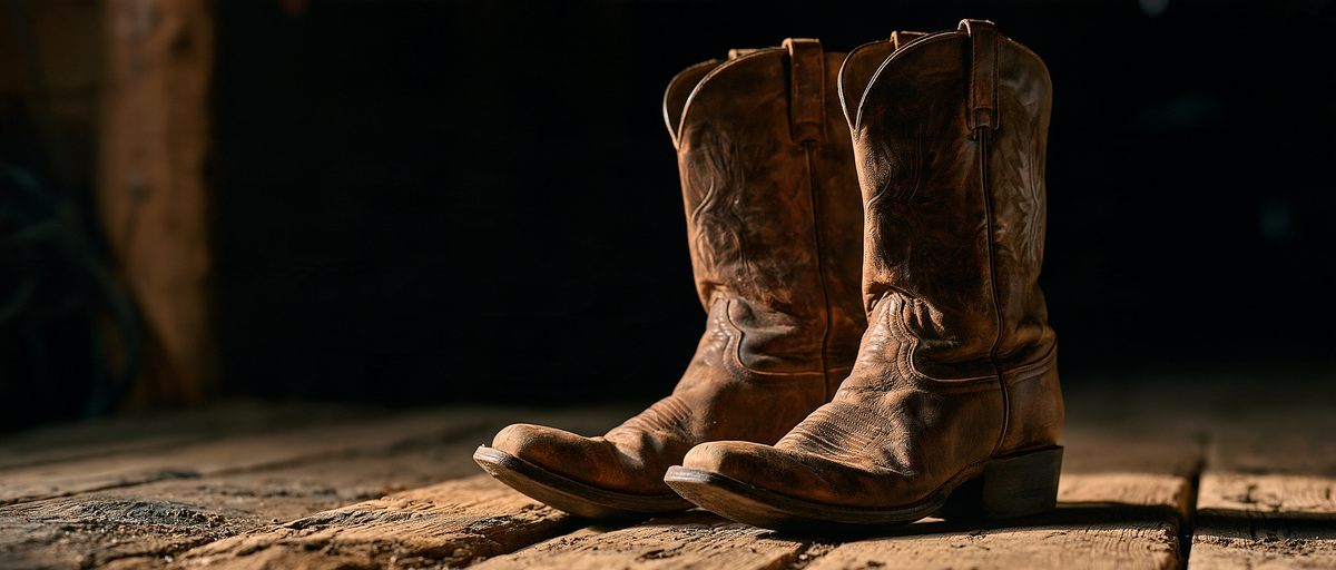 Paire de bottes western usées sur le plancher d'une grange