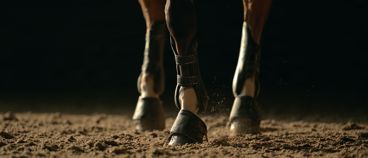 Antérieurs d'un cheval équipés de protections sur le sable de la carrière