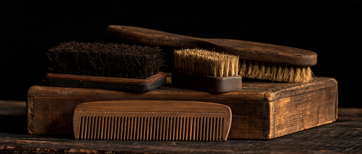 Brosses et étrille de pansage sur une vieille caisse en bois