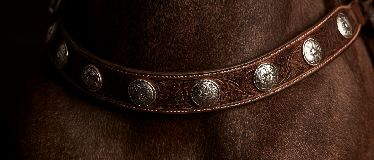 Collier de chasse western en cuir repoussé à conchos sur le poitrail d'un cheval