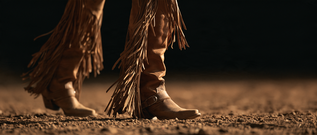 Jambes d'un cavalier en chaps à franges dans la carrière