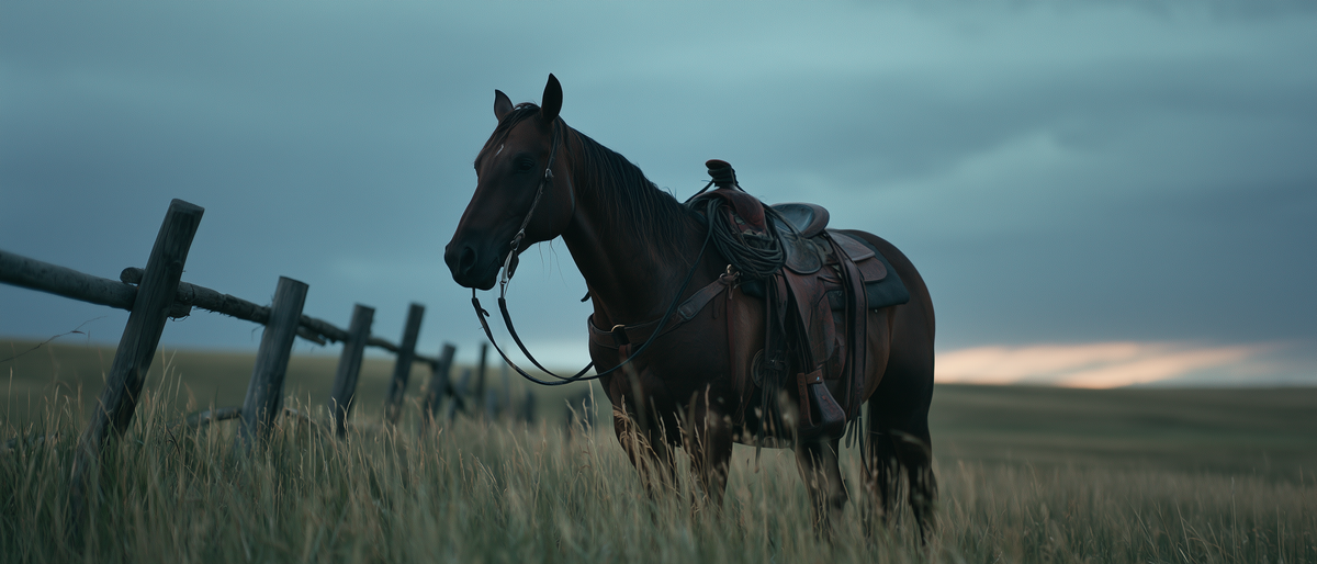 Cheval bai sellé en western au bord d'un pré, au crépuscule