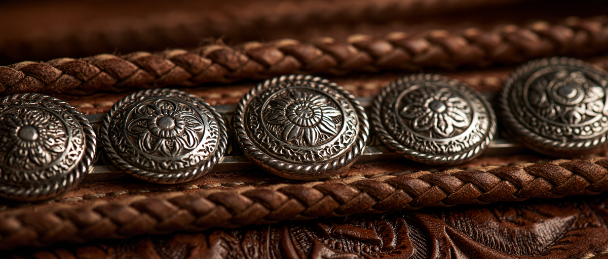 Conchos en argent gravé sur du cuir repoussé