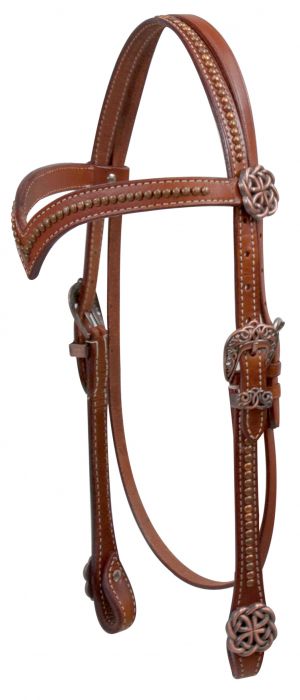 Bridon western vintage frontal en V, nœuds celtiques cuivre, rênes