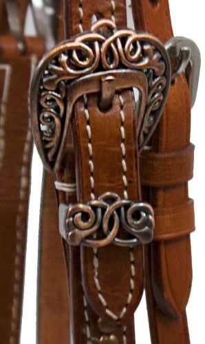 Bridon western vintage frontal en V, nœuds celtiques cuivre, rênes