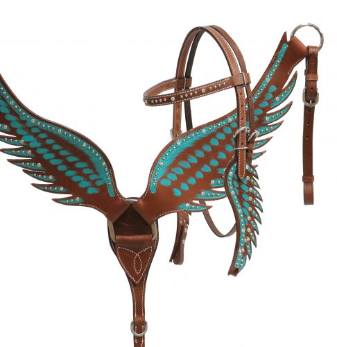 Ensemble western Wings turquoise : bridon et collier en ailes, strass
