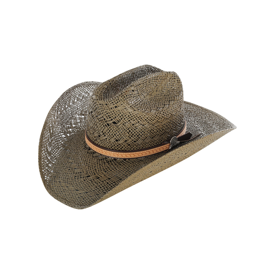 Chapeau western Tombstone en paille ajourée modèle Maverick, ruban marron