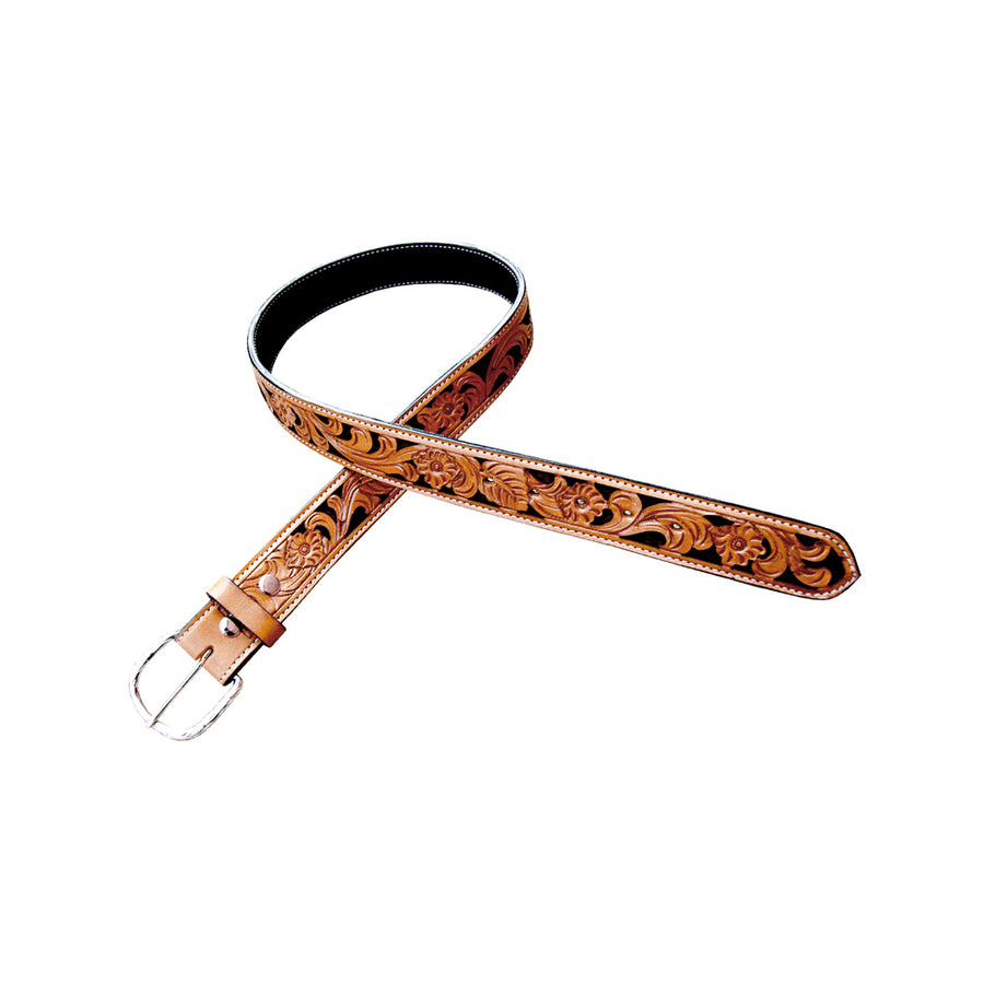 Ceinture western Pool's Flowers en cuir gravé main, incrustations crin