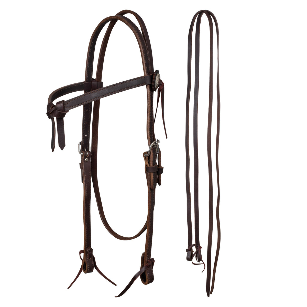Bridon western Lakota cuir gras, frontal tressé à nœud, avec rênes