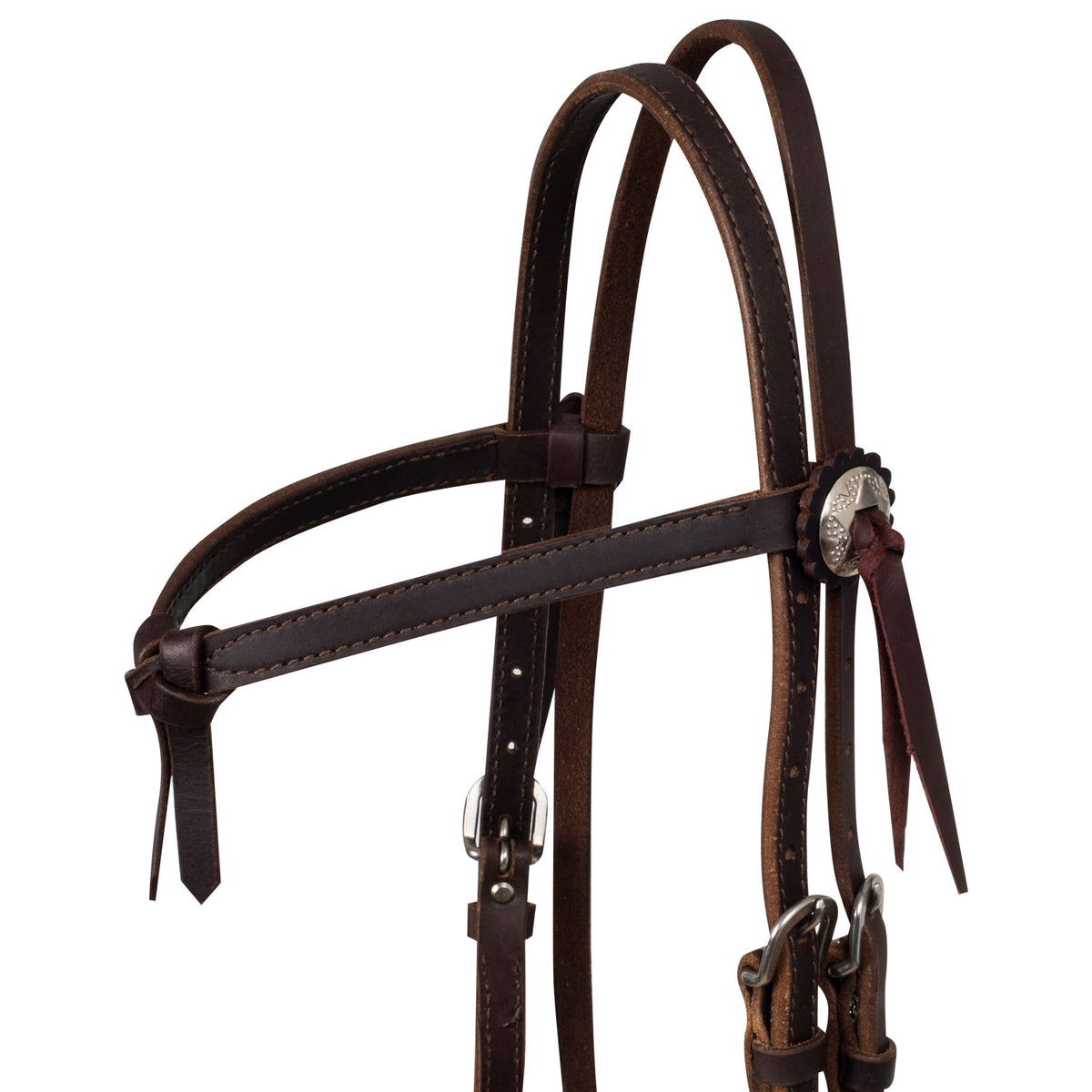 Bridon western Lakota cuir gras, frontal tressé à nœud, avec rênes