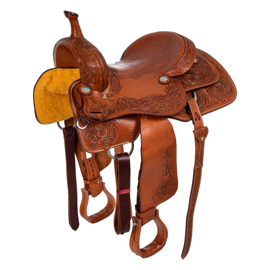 Selle team penning McBryan travail floral, arçon bois et rawhide, 17 pouces