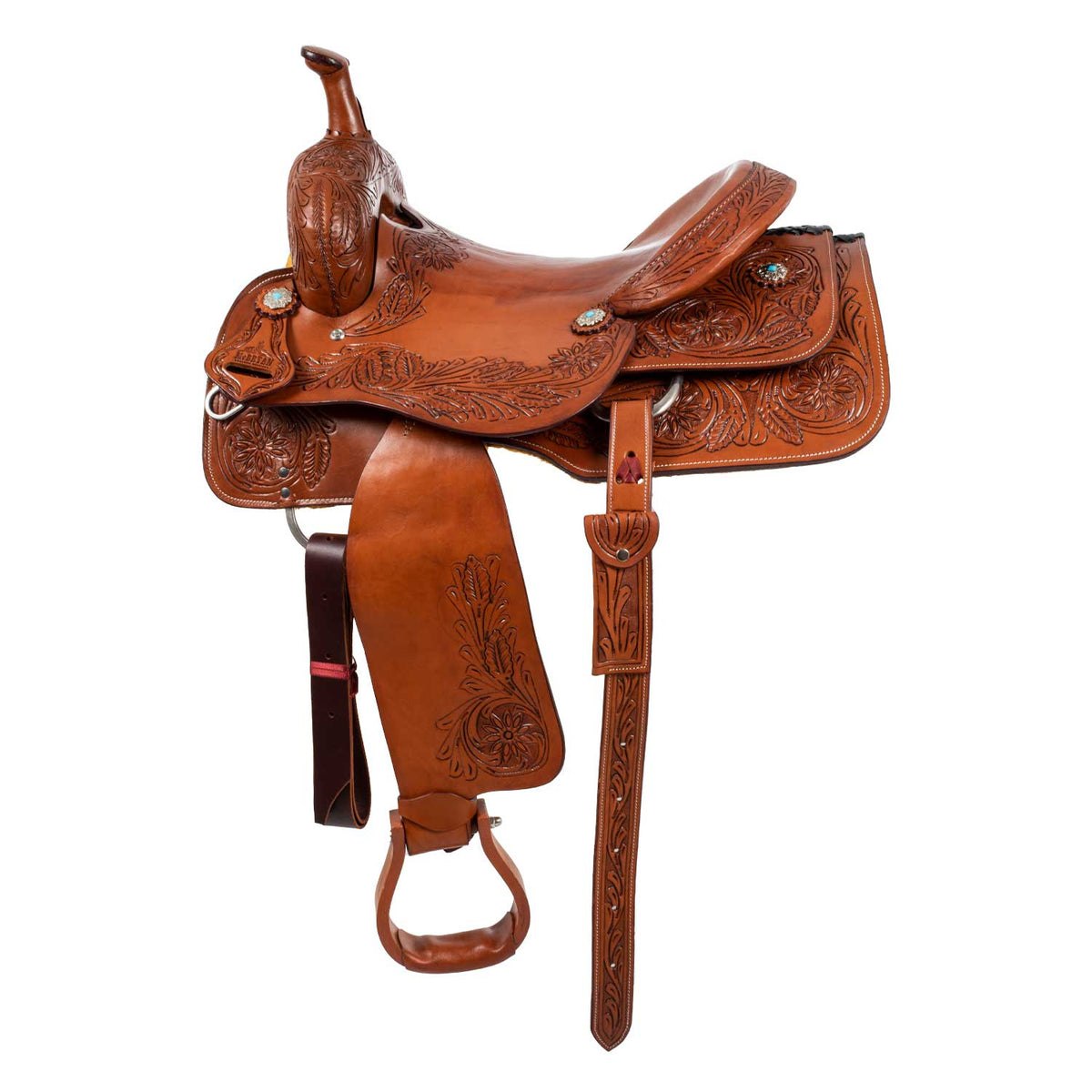 Selle team penning McBryan travail floral, arçon bois et rawhide, 17 pouces