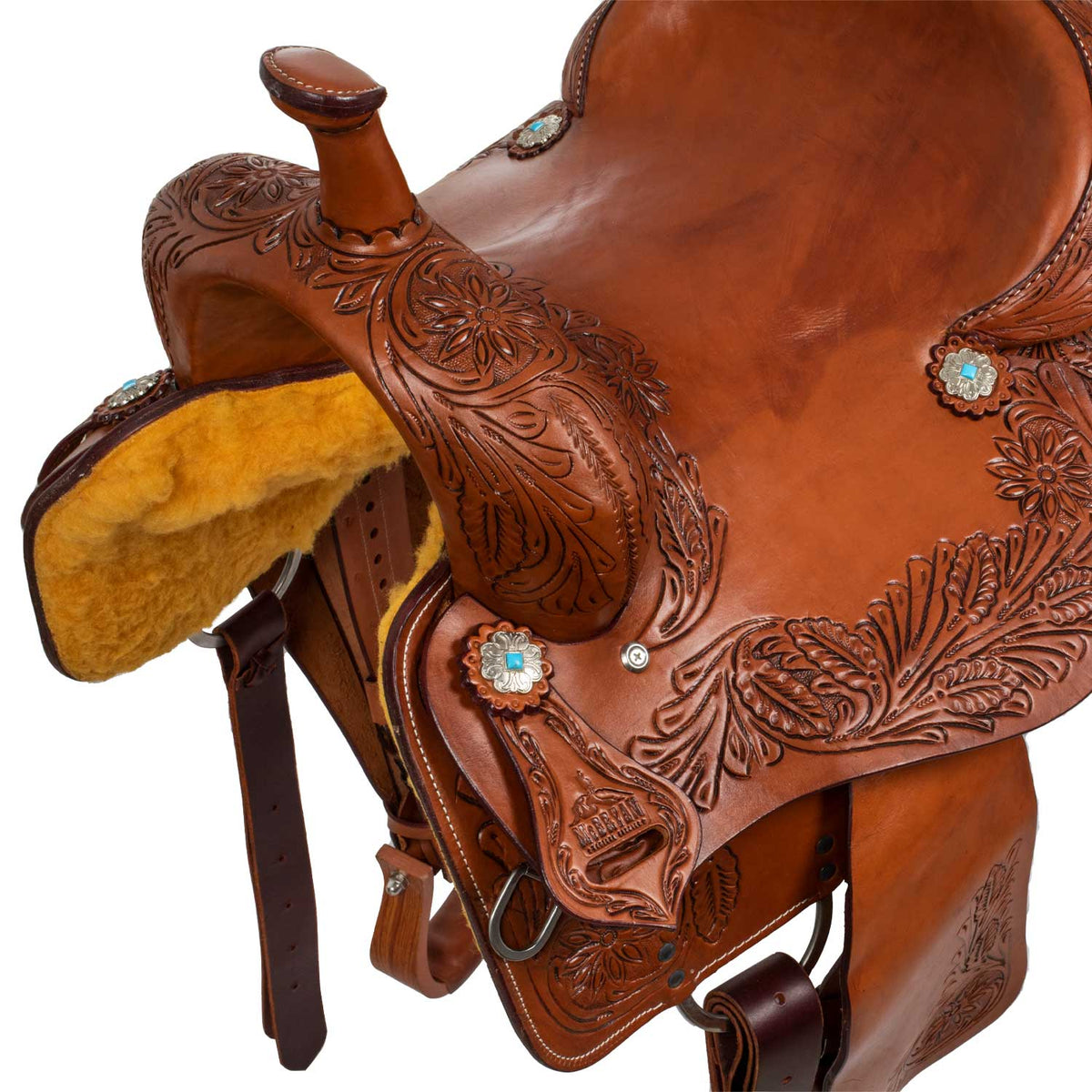 Selle team penning McBryan travail floral, arçon bois et rawhide, 17 pouces