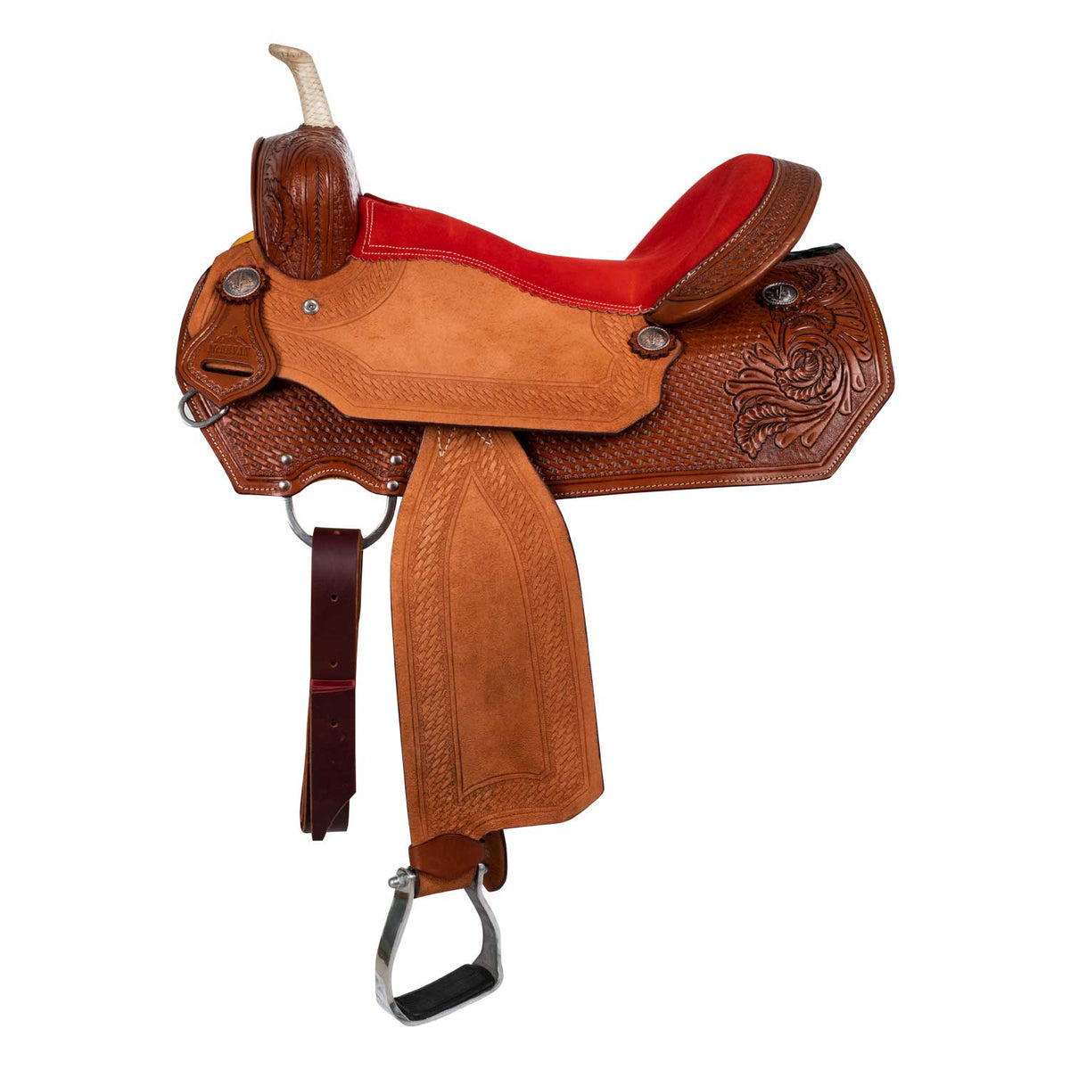 Selle de barrel McBryan siège rouge, travail basket, cuir suédé, 15,5 pouces