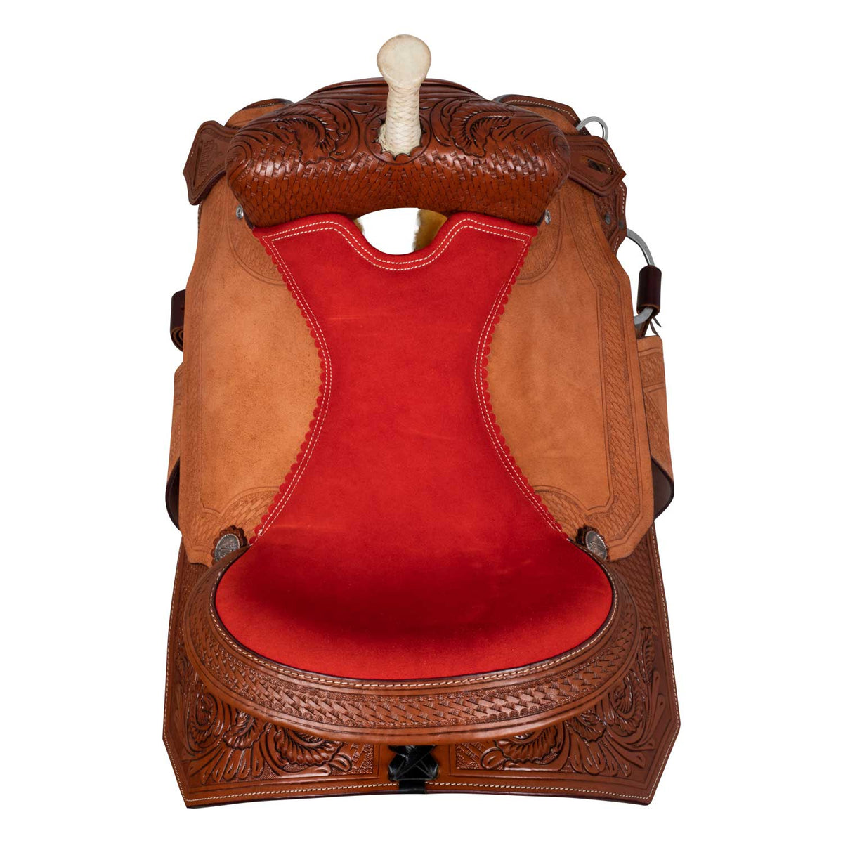 Selle de barrel McBryan siège rouge, travail basket, cuir suédé, 15,5 pouces