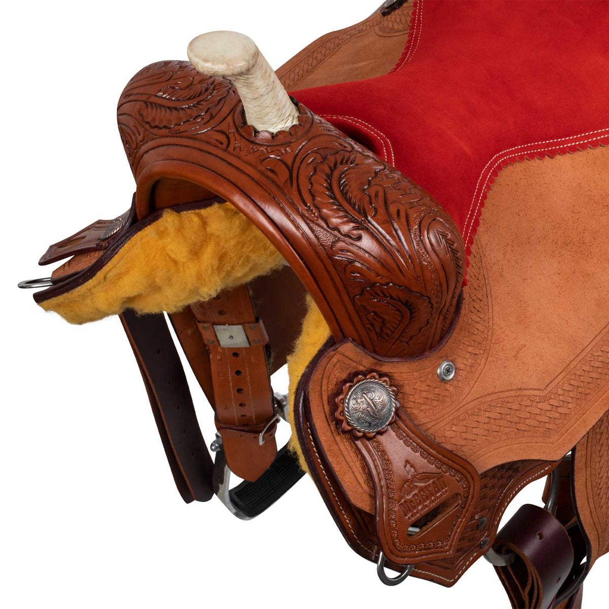 Selle de barrel McBryan siège rouge, travail basket, cuir suédé, 15,5 pouces