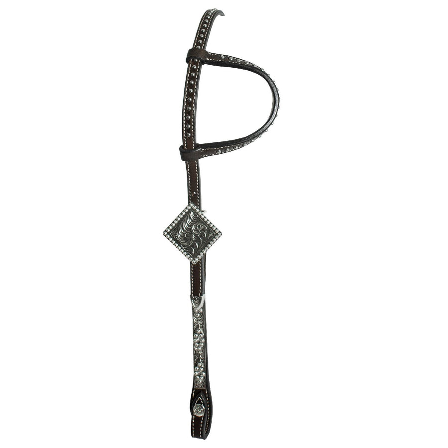 Têtière western une oreille Pool's en cuir, inserts argent travaillé