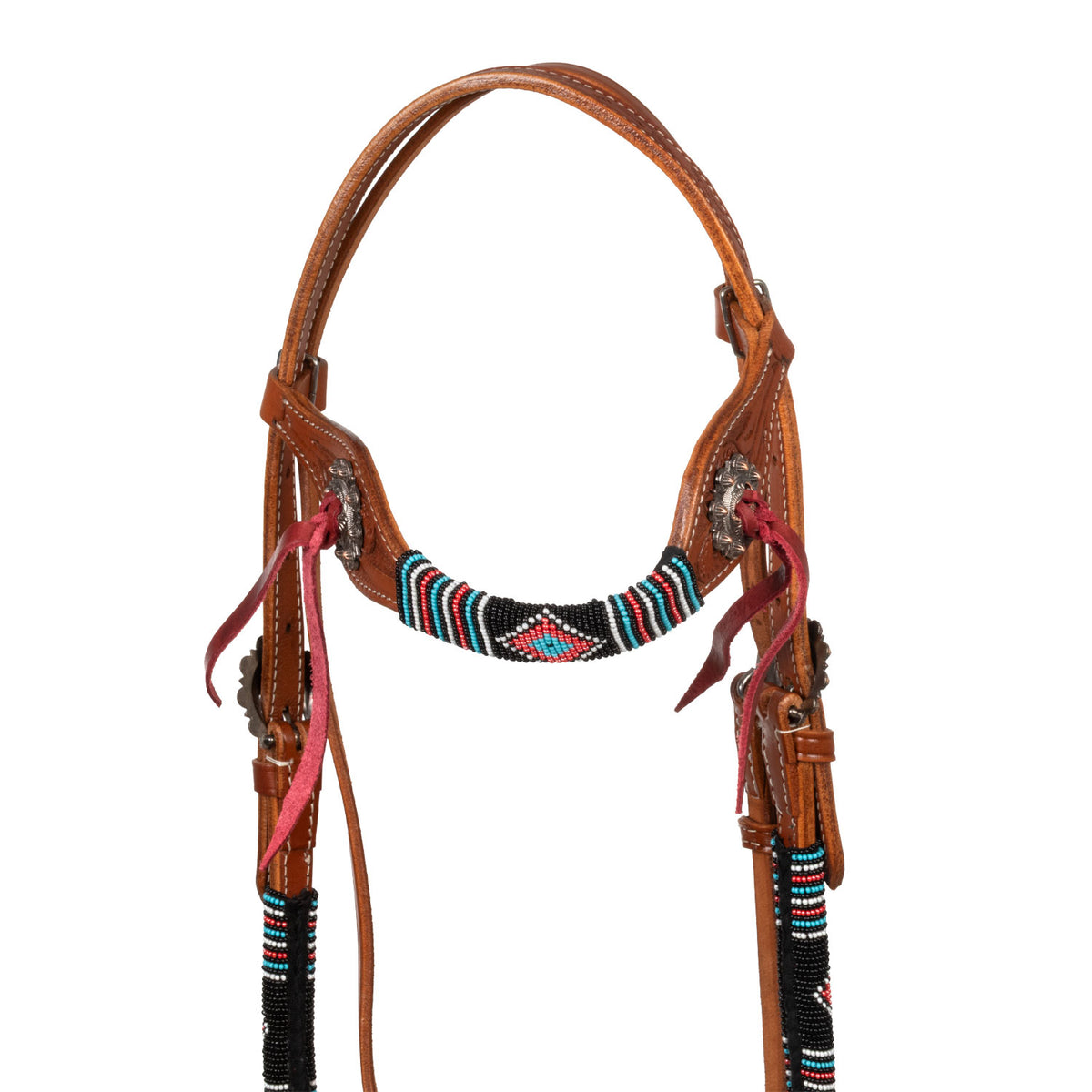 Bridon western Pool's Deluxe en cuir huilé, perles tressées ethniques