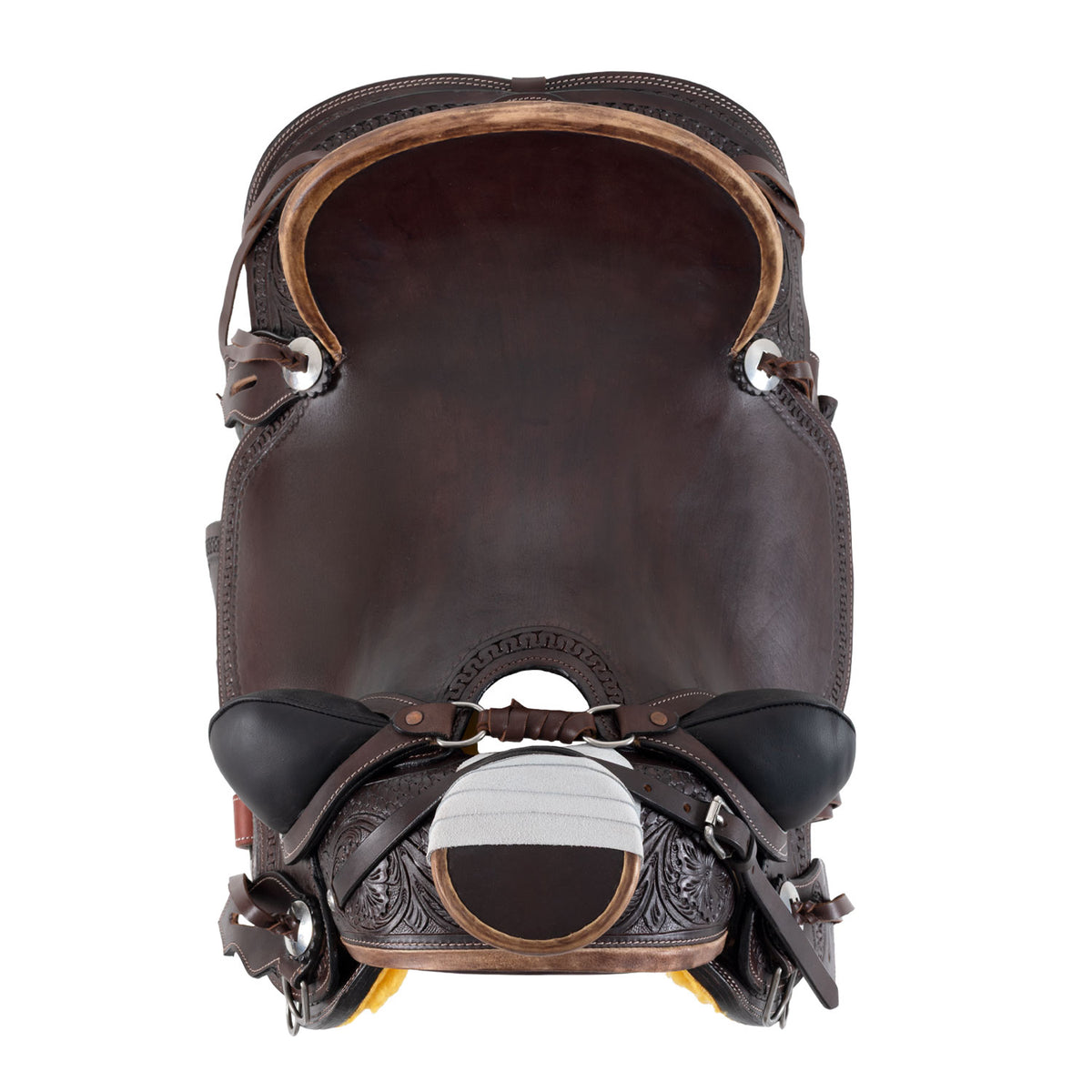 Selle western Wade Ranch Pool's en cuir foncé, gravure florale main, 16 pouces