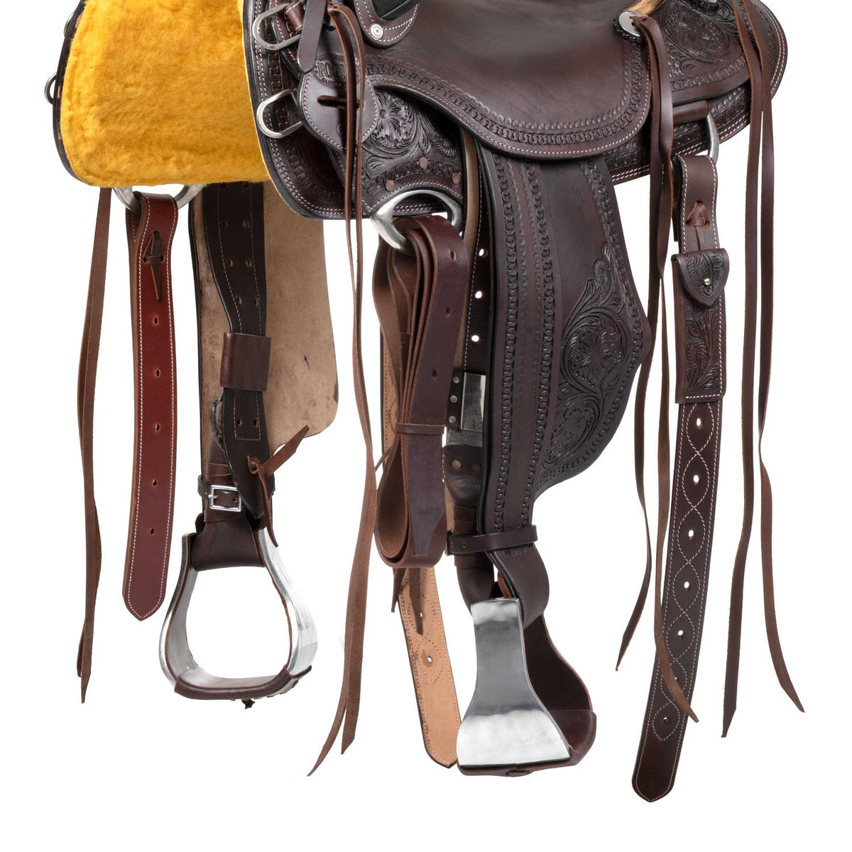 Selle western Wade Ranch Pool's en cuir foncé, gravure florale main, 16 pouces
