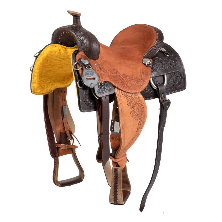 Selle cow horse Pool's tooling floral, arçon FQHB 7 pouces, 16 ou 17 pouces