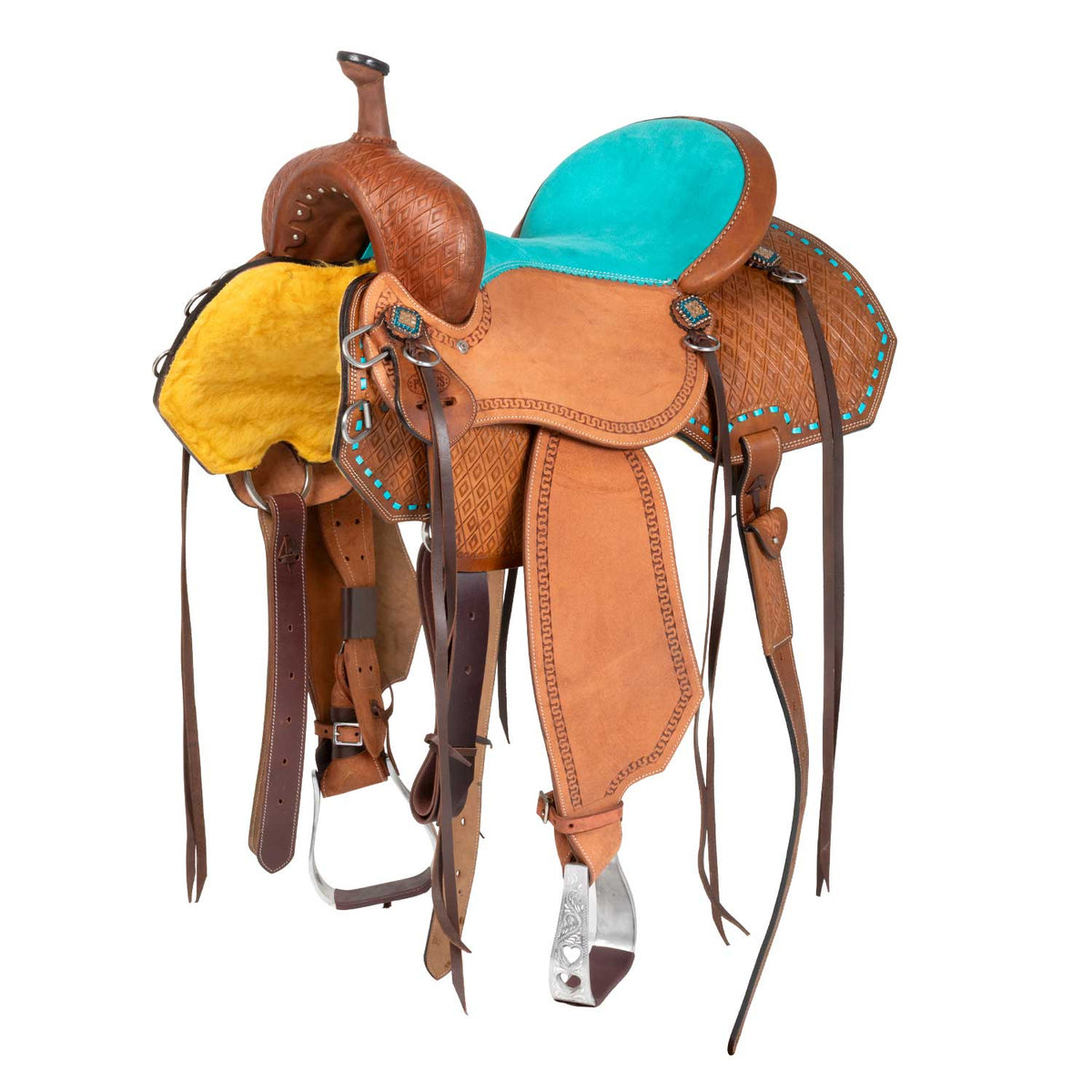 Selle de barrel Pool's siège daim turquoise, travail basket, FQHB 7 pouces