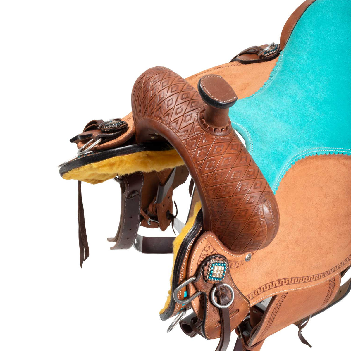 Selle de barrel Pool's siège daim turquoise, travail basket, FQHB 7 pouces