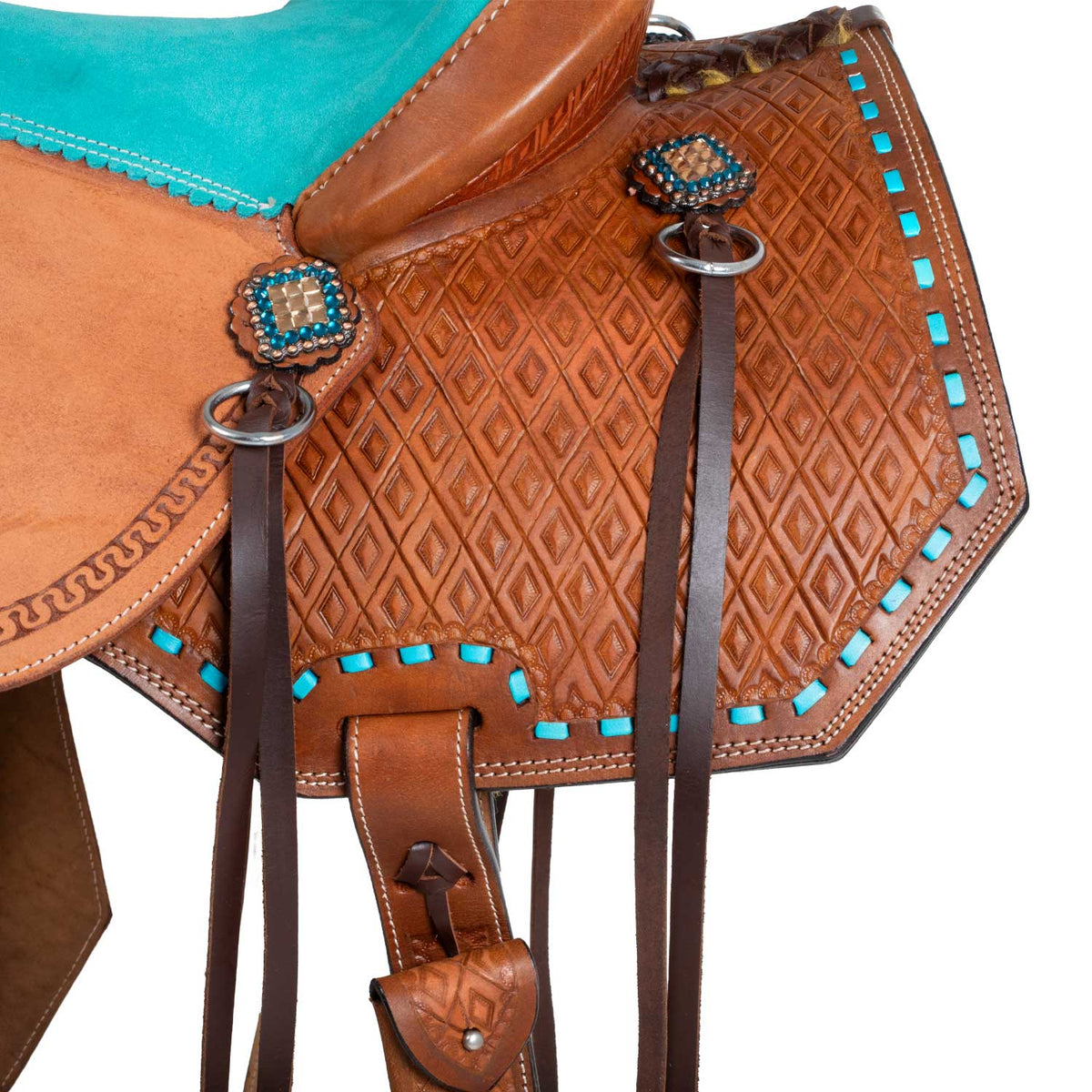 Selle de barrel Pool's siège daim turquoise, travail basket, FQHB 7 pouces