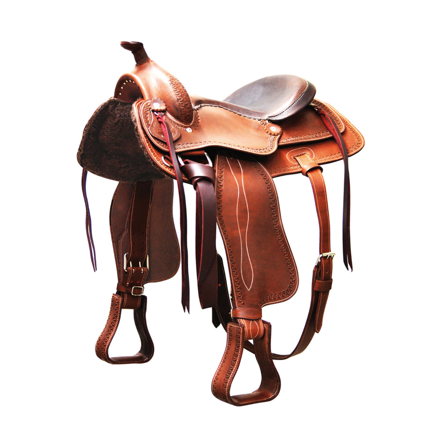 Selle de reining Red Horns, siège en cuir lisse, arçon fibre de verre, 17 pouces