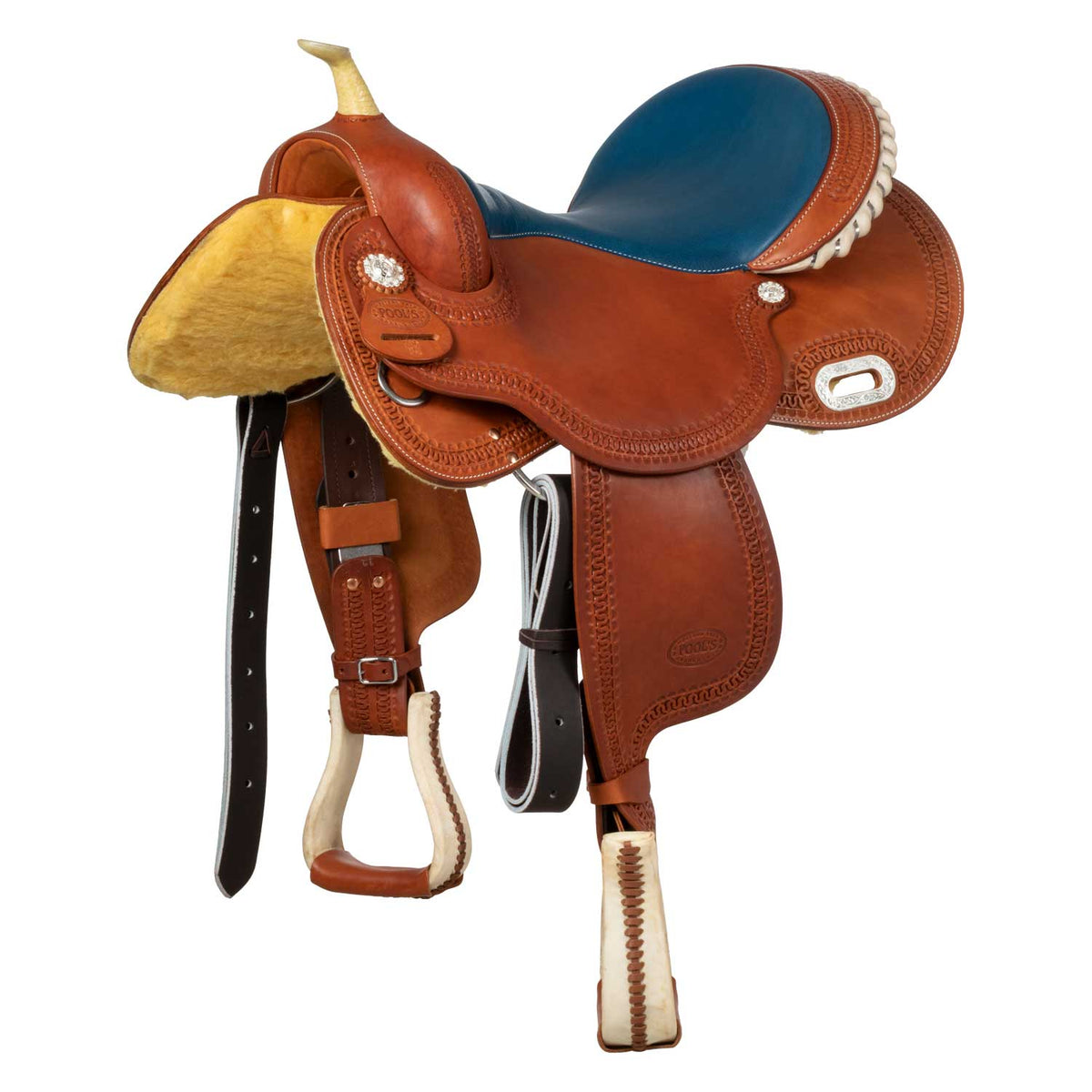 Selle de barrel Pool's Color 5020 à siège bleu, cuir huilé, 15 à 16 pouces