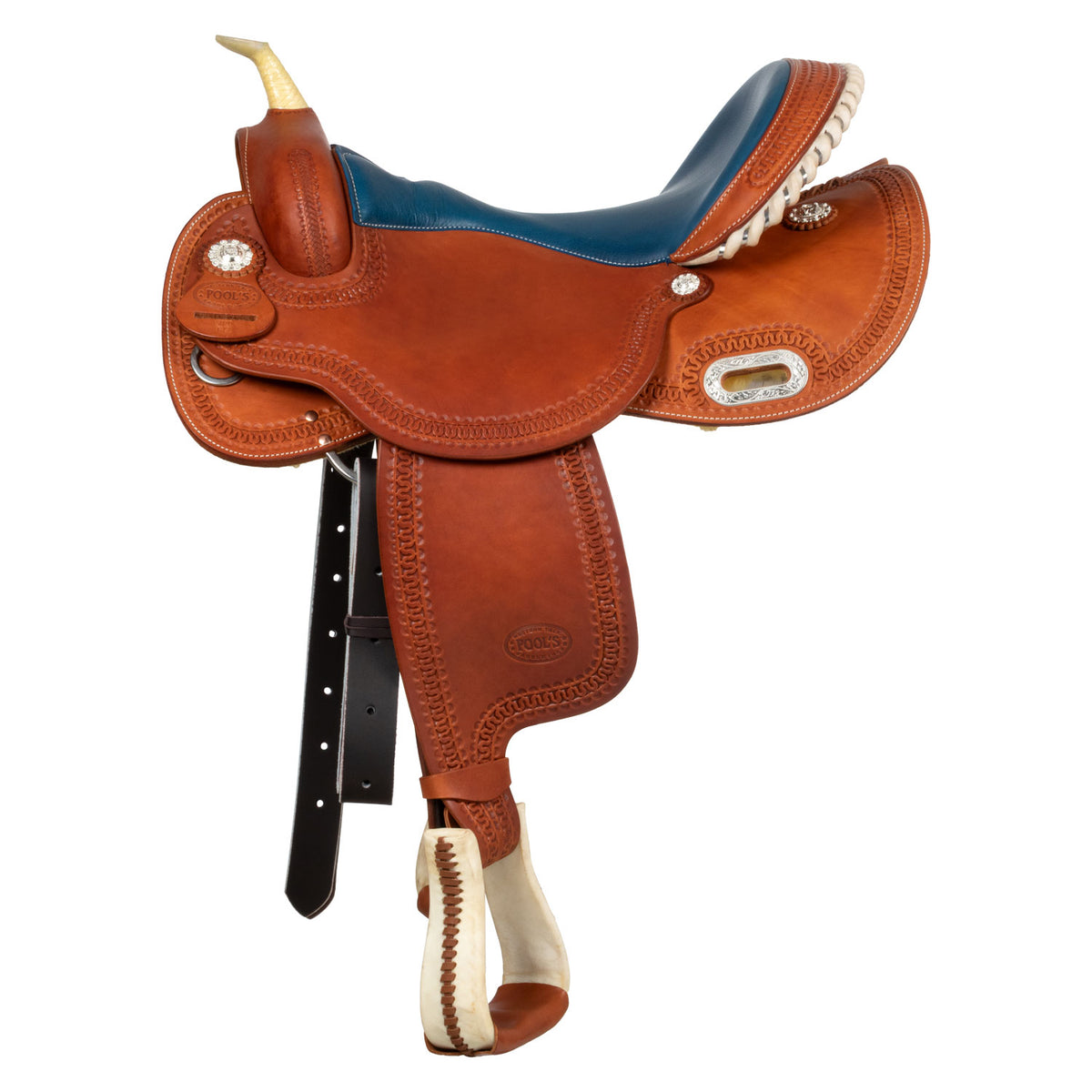 Selle de barrel Pool's Color 5020 à siège bleu, cuir huilé, 15 à 16 pouces