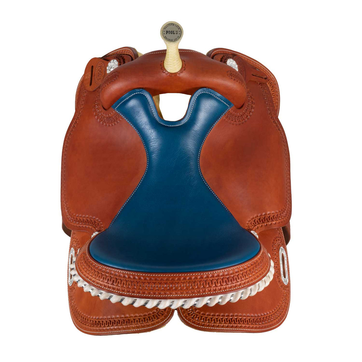 Selle de barrel Pool's Color 5020 à siège bleu, cuir huilé, 15 à 16 pouces