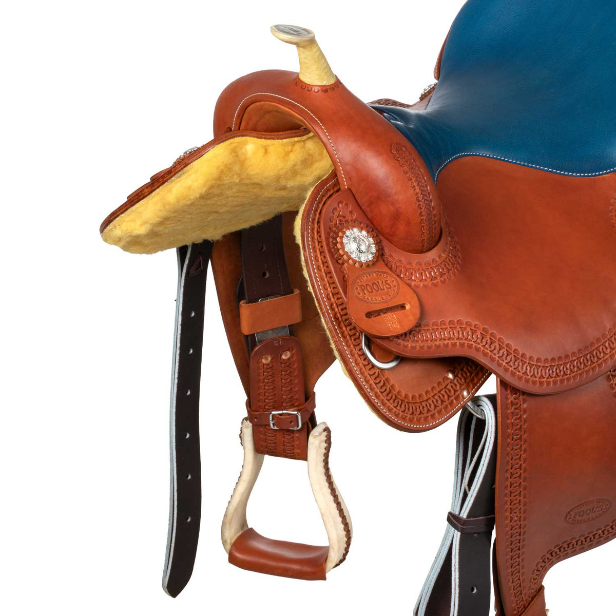 Selle de barrel Pool's Color 5020 à siège bleu, cuir huilé, 15 à 16 pouces