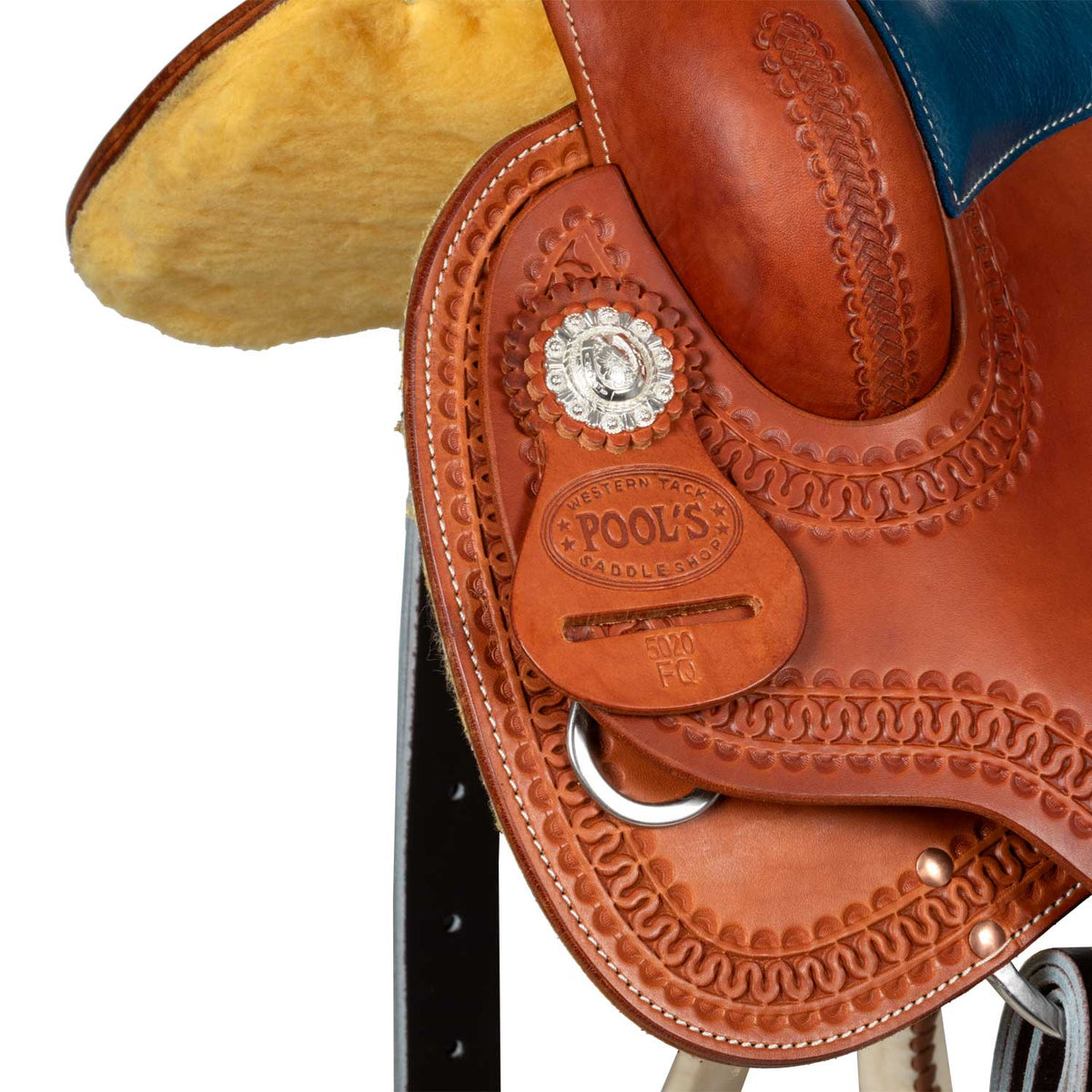 Selle de barrel Pool's Color 5020 à siège bleu, cuir huilé, 15 à 16 pouces