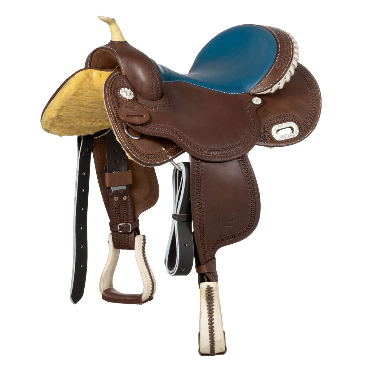 Selle de barrel Pool's Color 5020 à siège bleu, cuir huilé, 15 à 16 pouces