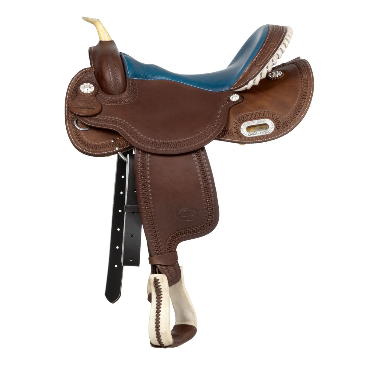 Selle de barrel Pool's Color 5020 à siège bleu, cuir huilé, 15 à 16 pouces