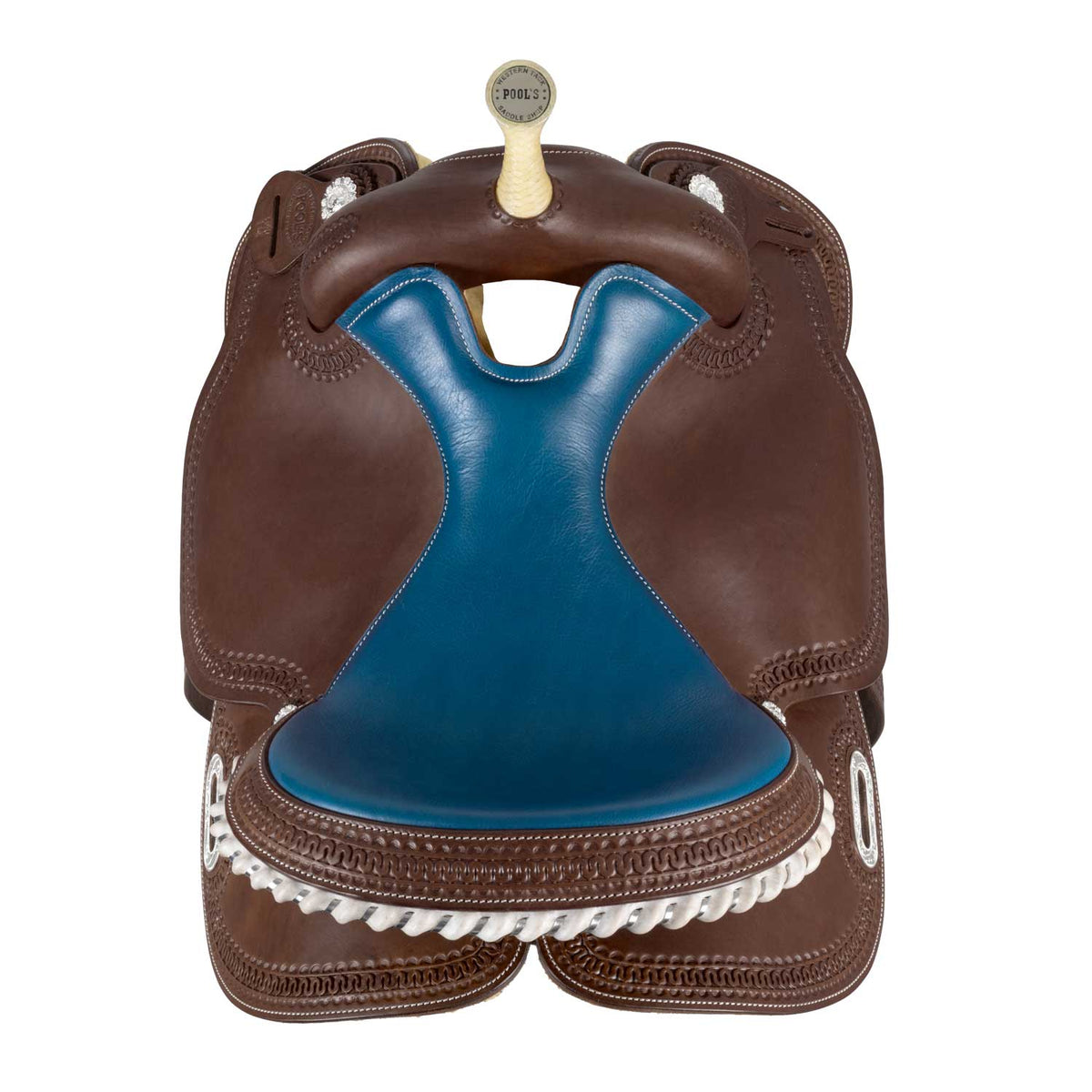 Selle de barrel Pool's Color 5020 à siège bleu, cuir huilé, 15 à 16 pouces