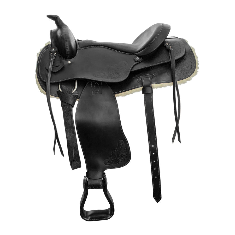 Selle western all-purpose Red Horns, cuir huilé et décor flower, sangle incluse