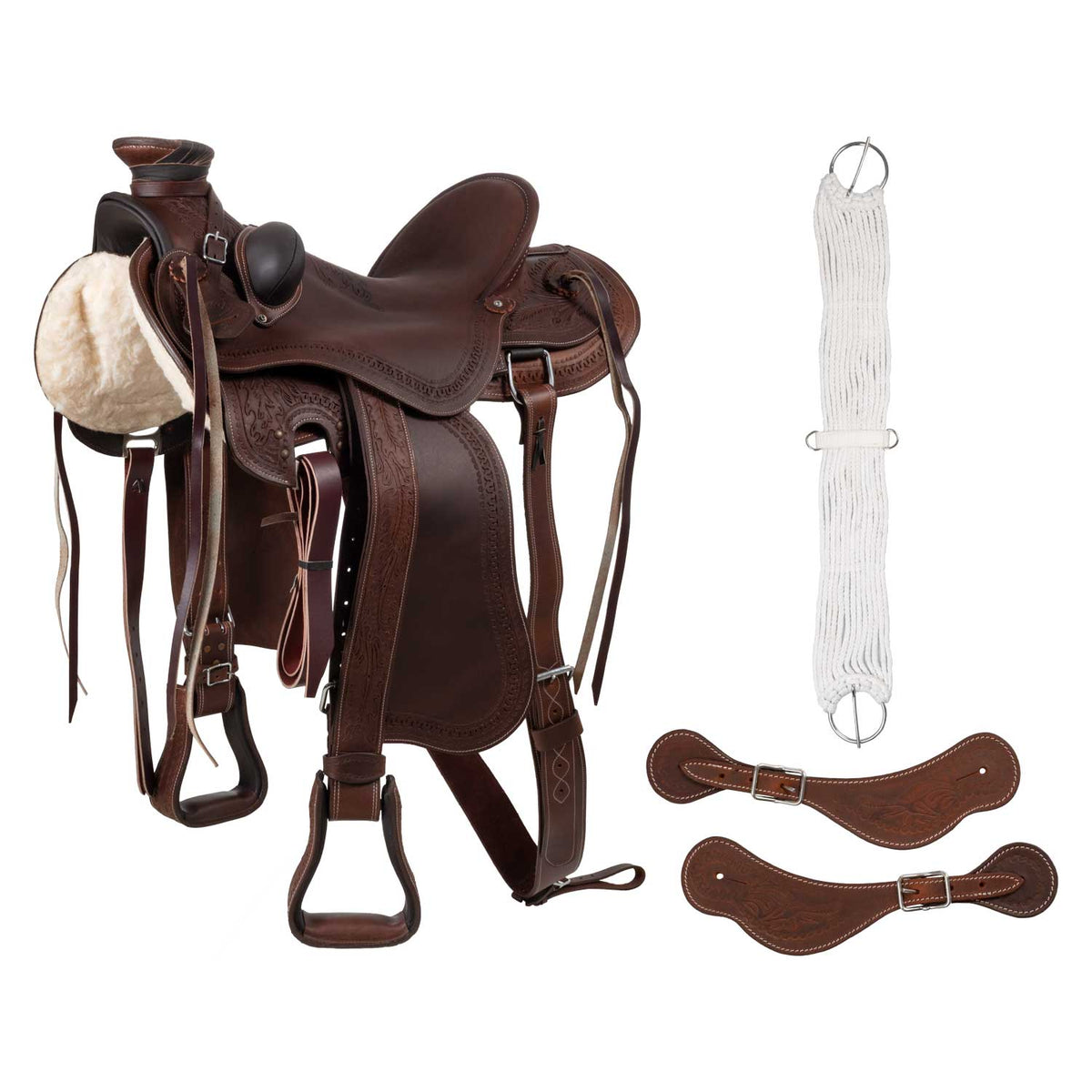 Selle de ranch Lakota SB en cuir huilé, motif basket, sangle et étrivières