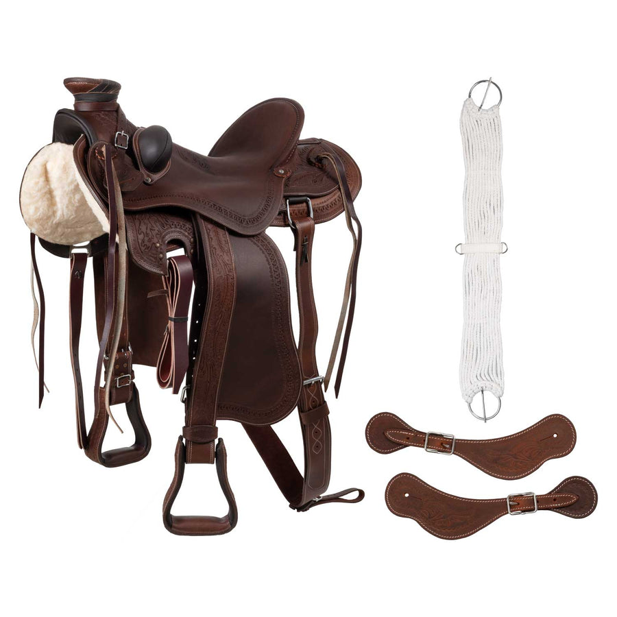Selle de ranch Lakota SB en cuir huilé, motif basket, sangle et étrivières