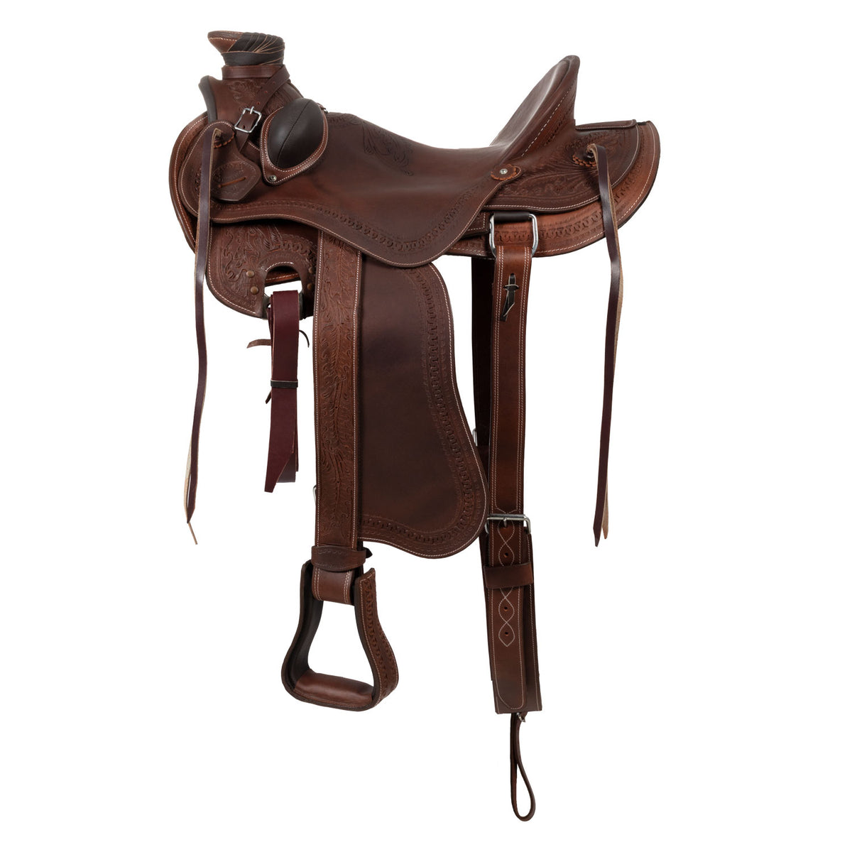 Selle de ranch Lakota SB en cuir huilé, motif basket, sangle et étrivières