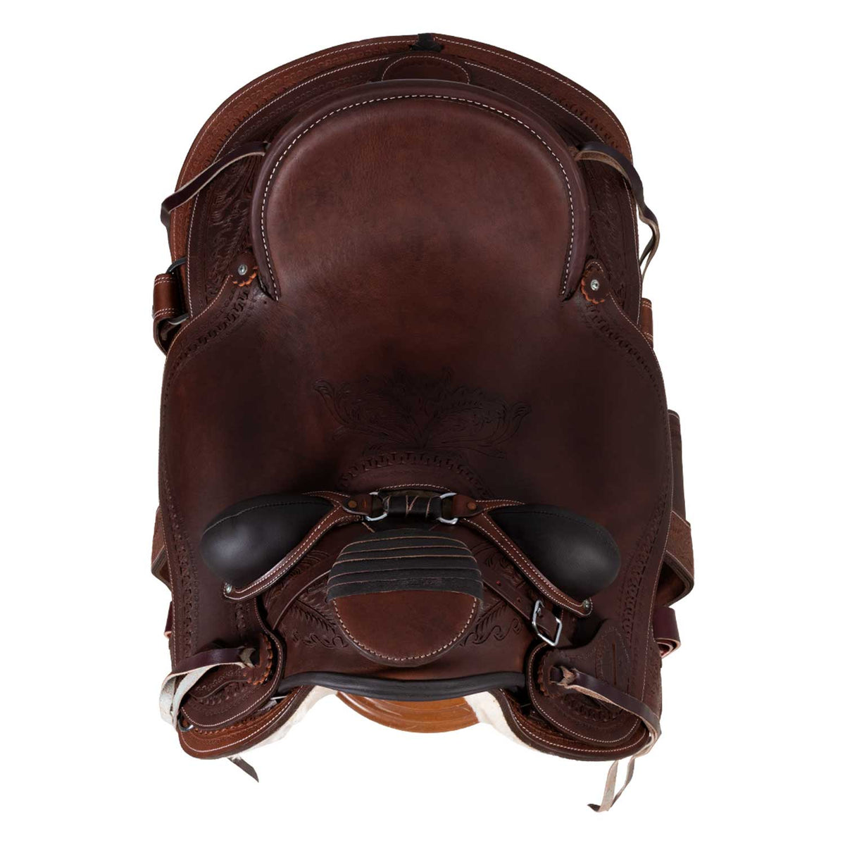 Selle de ranch Lakota SB en cuir huilé, motif basket, sangle et étrivières