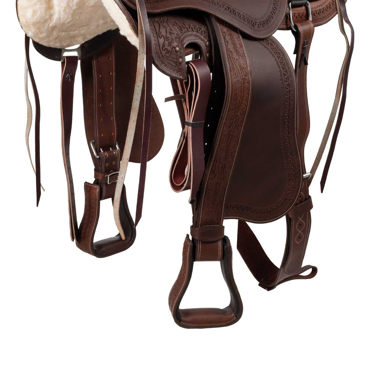 Selle de ranch Lakota SB en cuir huilé, motif basket, sangle et étrivières