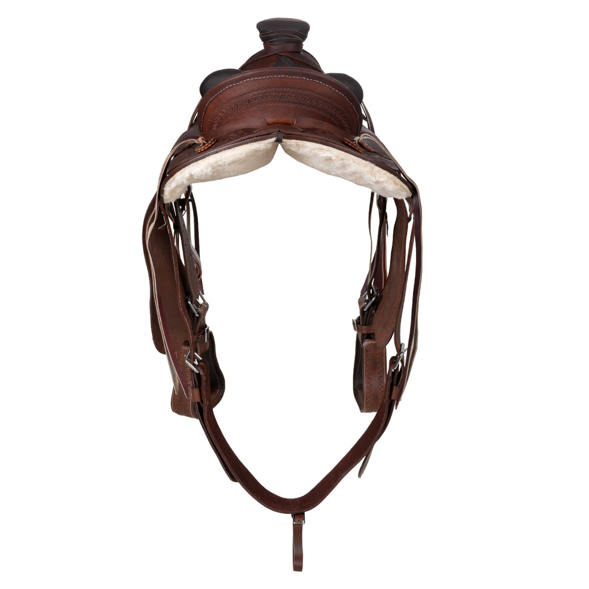 Selle de ranch Lakota SB en cuir huilé, motif basket, sangle et étrivières