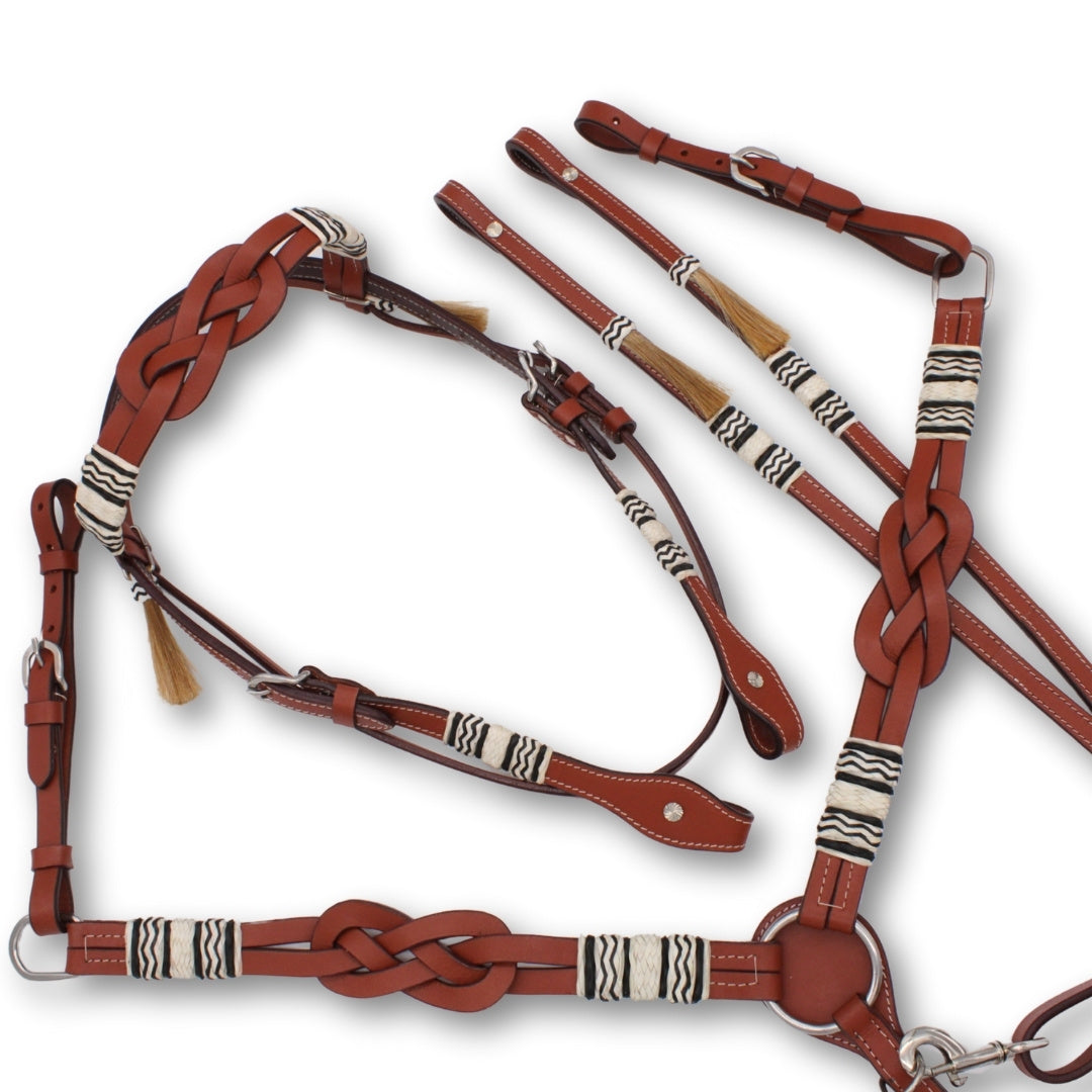 Ensemble western nœuds celtiques et cuir brut tressé, pompons en crin