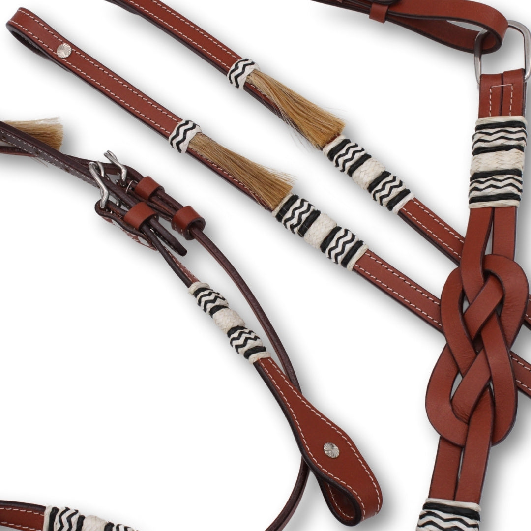 Ensemble western nœuds celtiques et cuir brut tressé, pompons en crin